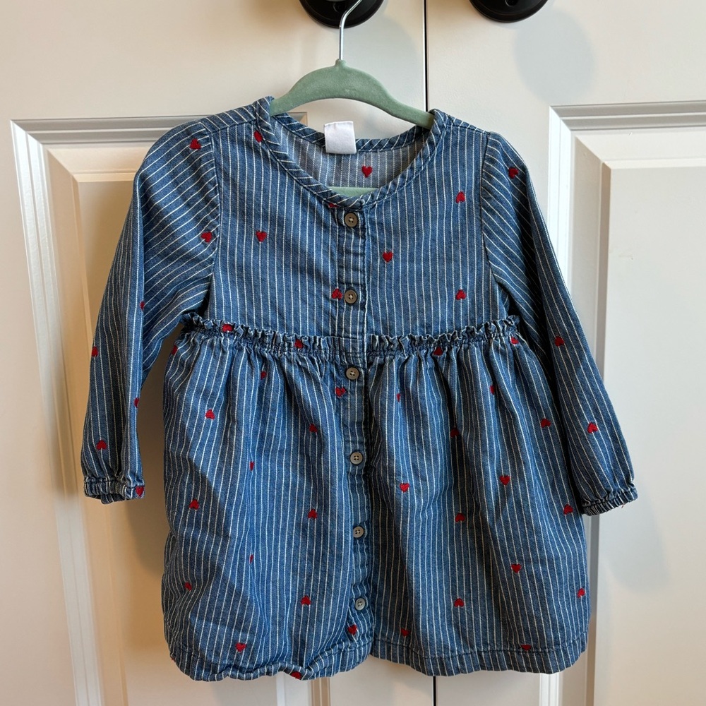 Baby Gap denim long sleeve dress, red heart embroidered detail, size 18-24 mos.